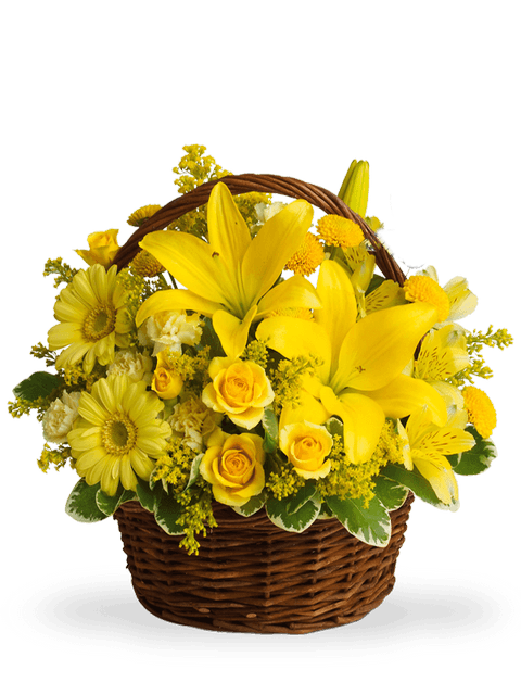 Cesto di rose e fiori misti gialli