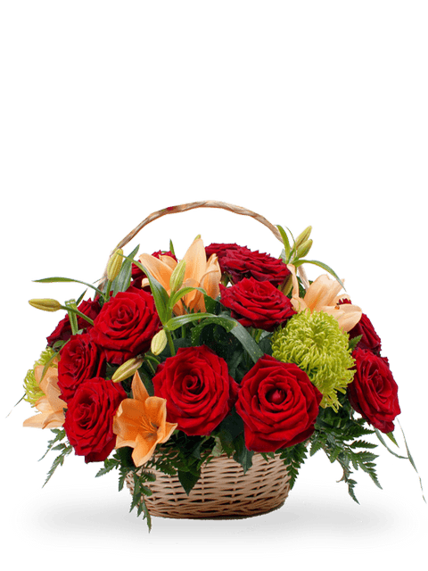 Cesto in vimini di rose e lilium