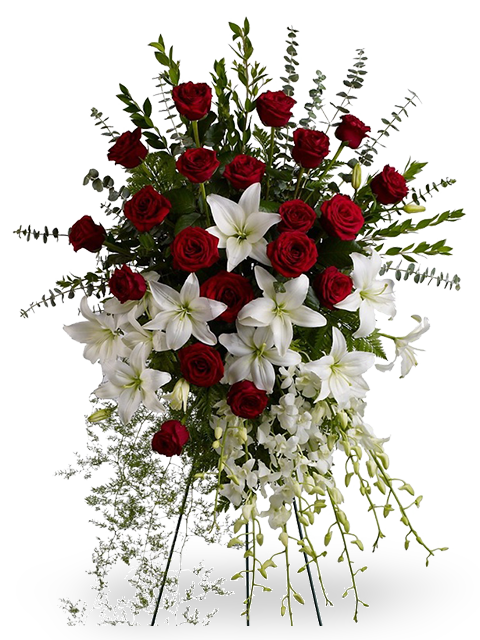 Cuscino funebre di rose rosse e gigli bianchi