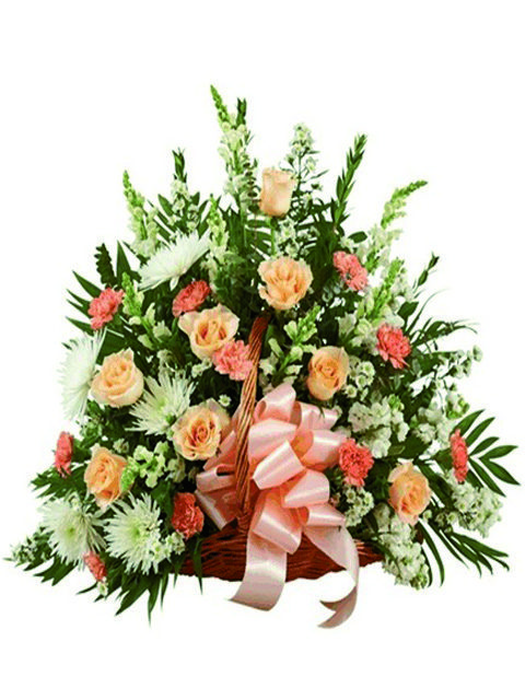 Cesto funebre di fiori misti tenui