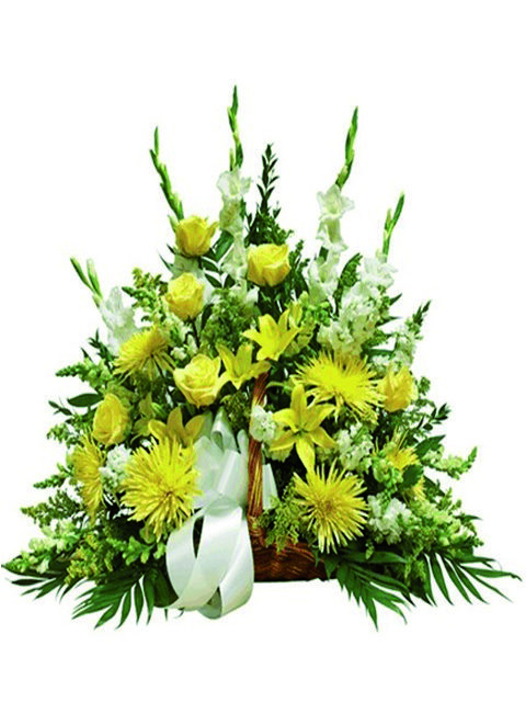 Cesto funebre di rose e fiori gialli
