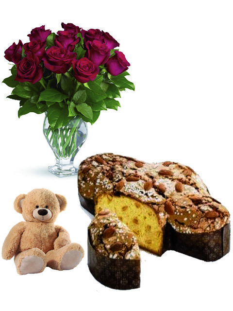 Bouquet di 12 rose con colomba e peluche