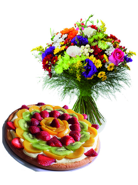 Bouquet di fiori e crostata alla frutta