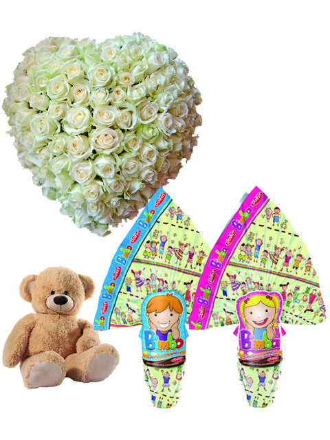 2 uova e peluche con cuore di 100 rose bianche