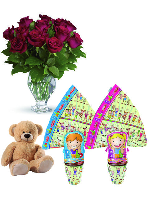 rose rosse con peluche e uova pasqua