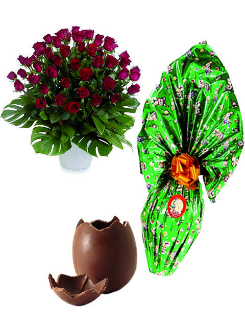 50 rose rosse e uovo di pasqua