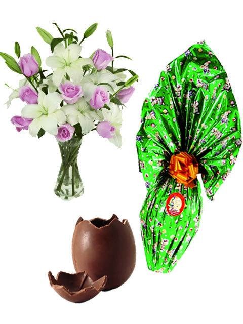 bouquet di gigli e rose con uovo di pasqua