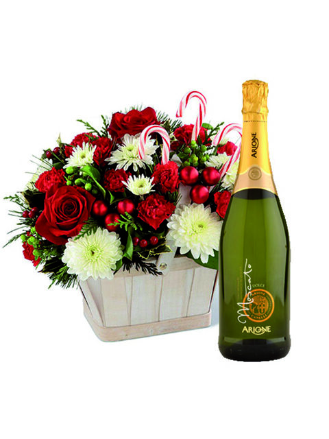 cesto di fiori misti natalizi e champagne