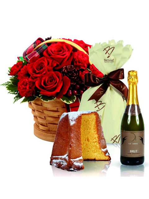 Cesto natalizio con rose rosse spumante