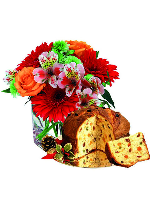 mazzo di fiori misti colorati con panettone
