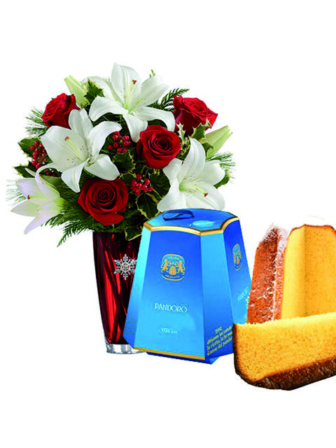 mazzo di lilium rose rosse e pandoro